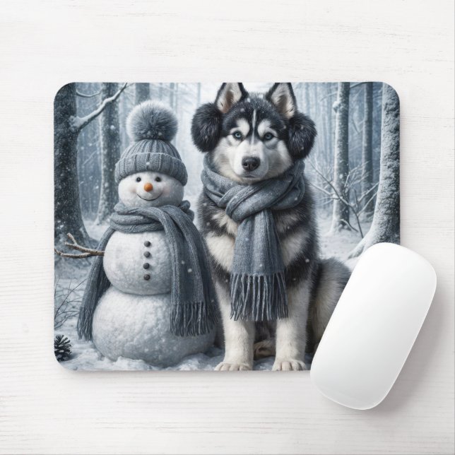 Tapis De Souris Siberan Husky Avec Snowman (Avec souris)