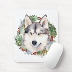 Tapis De Souris Sibérie Husky Christmas Wreath Festive Pup