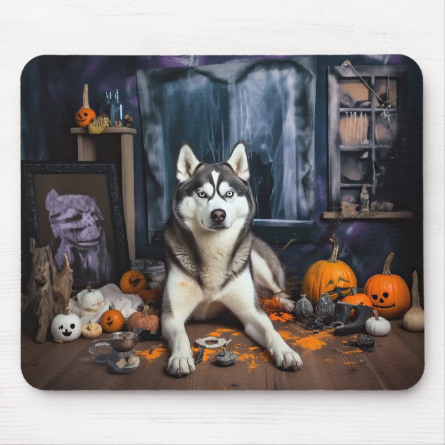 Tapis De Souris Sibérie Husky Citrouille Halloween effrayant (Devant)