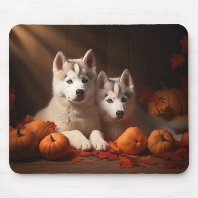 Tapis De Souris Sibérie Husky Puppy Citrouille d'automne (Devant)