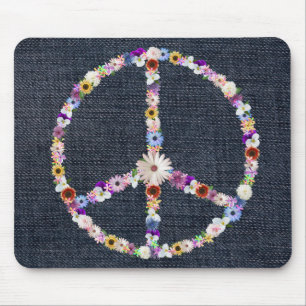 Tapis De Souris signe de paix floral sur denim