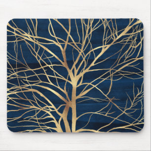 Tapis De Souris Silhouette Arbre d'Or moderne Design bleu minimal