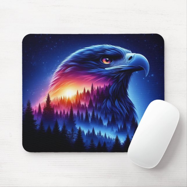 Tapis De Souris Silhouette d'aigle avec coucher de soleil forestie (Avec souris)