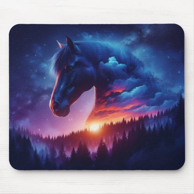 Tapis De Souris Silhouette de cheval dans un paysage de forêt de c (Devant)