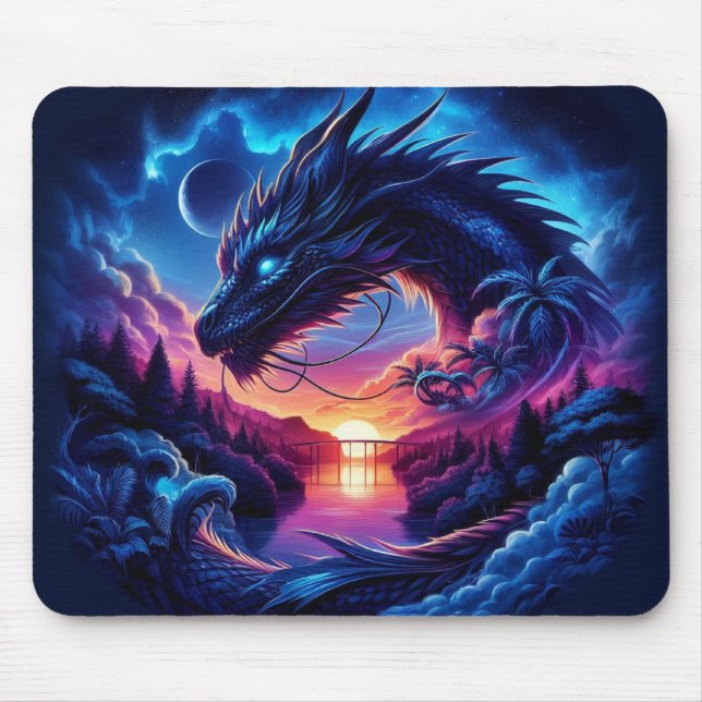 Tapis De Souris Silhouette de dragon contre un coucher de soleil v (Devant)