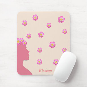 Tapis De Souris Silhouette de femme, fleurs roses et texte sur bei