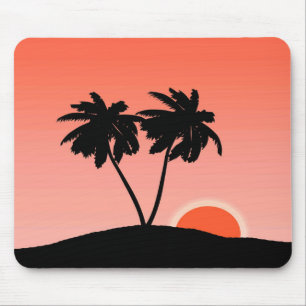 Tapis De Souris Silhouette de palmier au coucher du soleil Orange