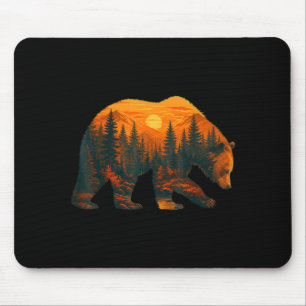 Tapis De Souris Silhouette d'ours avec paysage forestier et couche