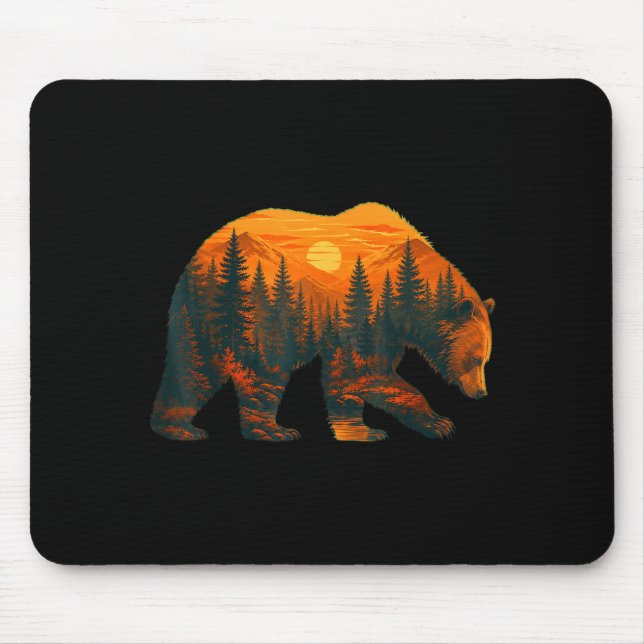 Tapis De Souris Silhouette d'ours avec paysage forestier et couche (Devant)