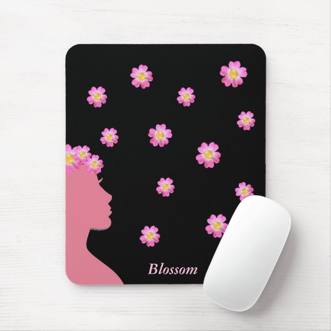 Tapis De Souris Silhouette féminine, fleurs roses et texte en noir (Avec souris)