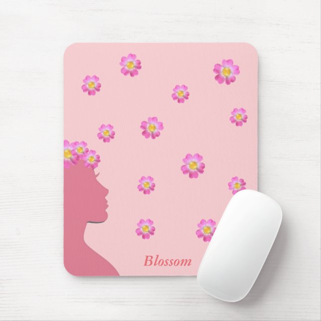 Tapis De Souris Silhouette féminine, fleurs & texte sur rose (Avec souris)