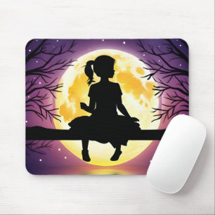 Tapis De Souris Silhouette Fille Sur Arbre Avec Lune
