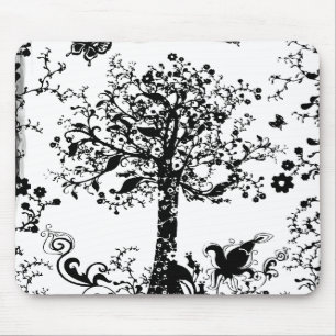 Tapis De Souris Silhouette noire et blanche de papillon d'arbre