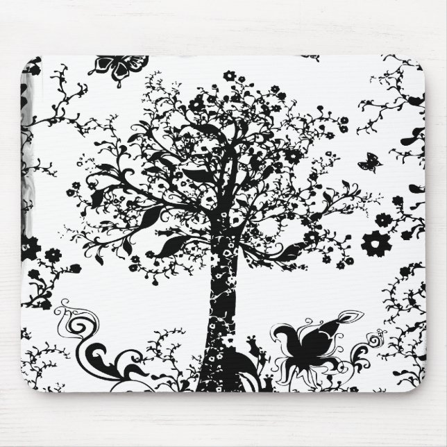 Tapis De Souris Silhouette noire et blanche de papillon d'arbre (Devant)