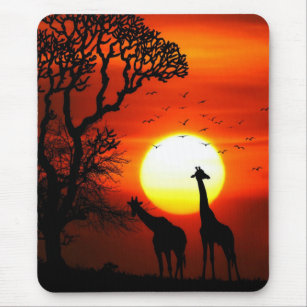 Tapis De Souris Silhouettes africaines de girafe de coucher du