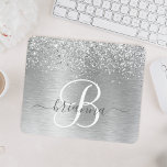 Tapis De Souris Silver Brushed Metal Glitter Monogram Name<br><div class="desc">Easily personalize this trendy chic mouse pad design featuring pretty silver sparkling glitter on a silver brushed metallic background.</div>