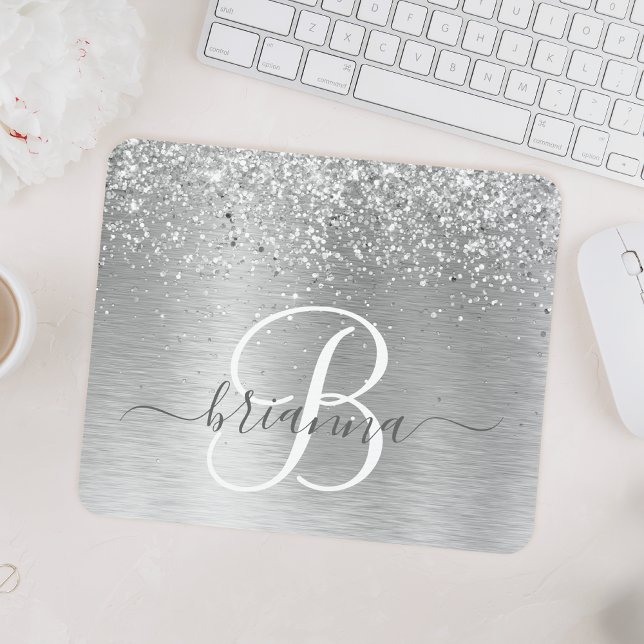 Tapis De Souris Silver Brushed Metal Glitter Monogram Name (Créateur téléchargé)
