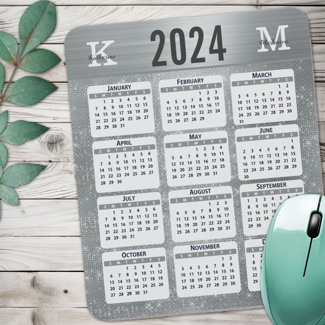 Tapis De Souris Silver Glam Sparkle Monogramme Nom 2024 Calendrier (Créateur téléchargé)