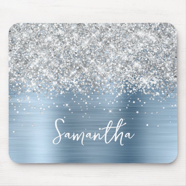 Tapis De Souris Silver Glitter Light Blue Glam Name (Devant)