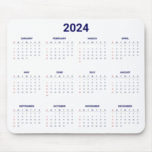 Tapis De Souris Simple 2024 Année En Un Coup D'Oeil Calendrier Ble (Devant)