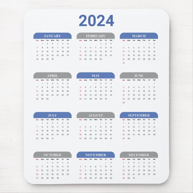 Tapis De Souris Simple 2024 Année En Un Coup D'Oeil Calendrier Ble (Devant)