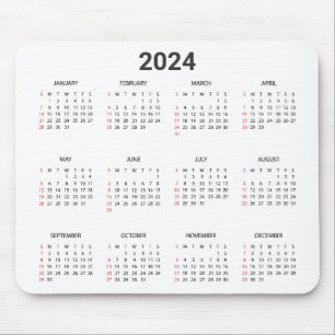 Tapis De Souris Simple 2024 Année En Un Coup D'Oeil Calendrier Rou