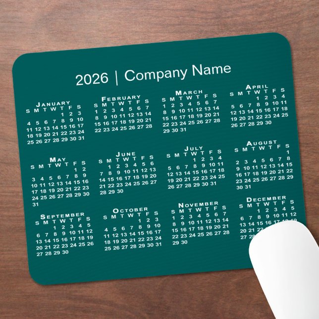 Tapis De Souris Simple Calendrier 2026 Nom de l'entreprise sur Ble (Simple 2026 Calendar Company Name on Blue-Green Mouse Pad, in situ)
