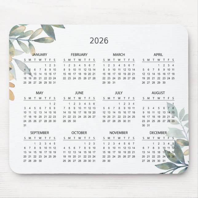 Tapis De Souris Simple Elegant Botanical 2026 Calendar | Mousepad (Devant)