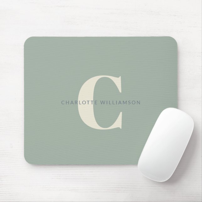 Tapis De Souris Simple Élégant Chic Monogramme Nom en Vert Sauge (Avec souris)