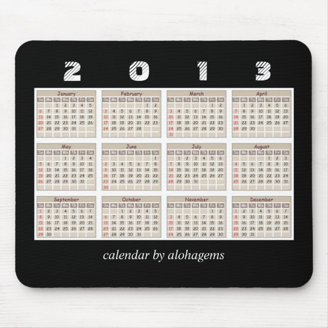 Tapis de souris Simple et Propre Calendrier 2013 (Devant)