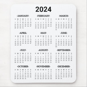 Tapis De Souris Simple Noir & Blanc 2024 Année en bref Calendrier