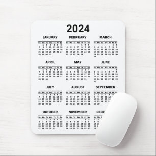 Tapis De Souris Simple Noir & Blanc 2024 Année en bref Calendrier