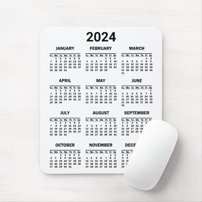 Tapis De Souris Simple Noir & Blanc 2024 Année en bref Calendrier (Avec souris)