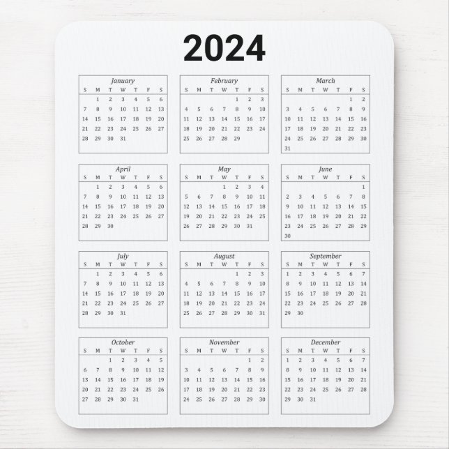 Tapis De Souris Simple Noir & Blanc US 2024 Calendrier annuel (Devant)