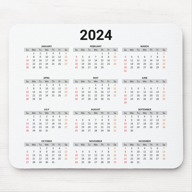 Tapis De Souris Simple US 2024 Année complète en un coup d'oeil Ca (Devant)