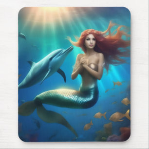 Tapis De Souris Sirène Angélique Nageant Avec Dauphins,