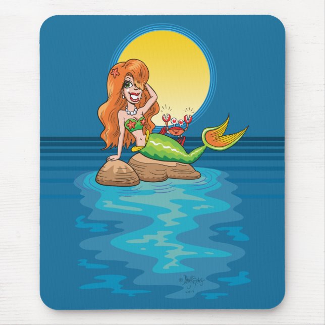 Tapis De Souris Sirène avec ami sous Lune Jaune (Devant)