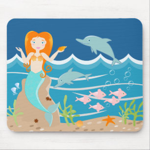 Tapis De Souris Sirène et dauphins sous la mer fête d'anniversaire