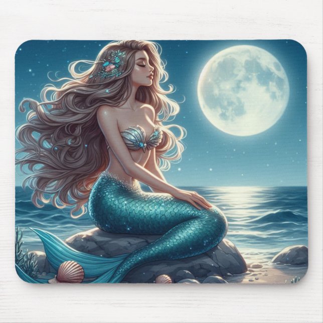 Tapis De Souris Sirène sur la plage la nuit (Devant)