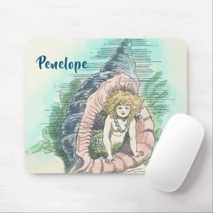 Tapis De Souris Sirène vintage dans la coque de conch avec nom