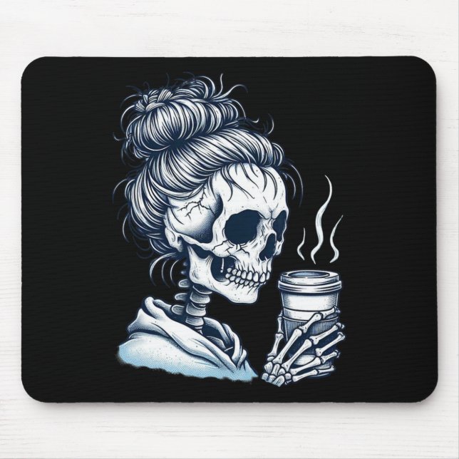 Tapis De Souris Skeleton Boire Café Messy Bun Femmes Halloween (Devant)