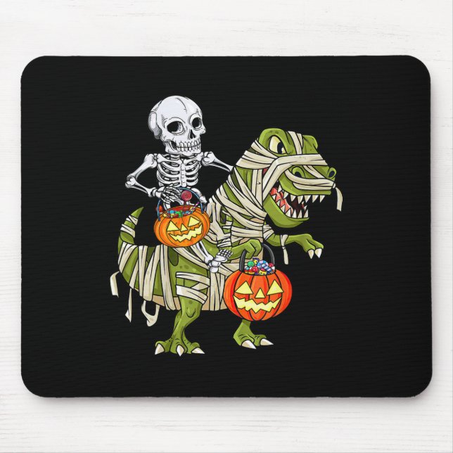 Tapis De Souris Skeleton Riding Mummy Dinosaur T Rex Halloween Fun (Devant)