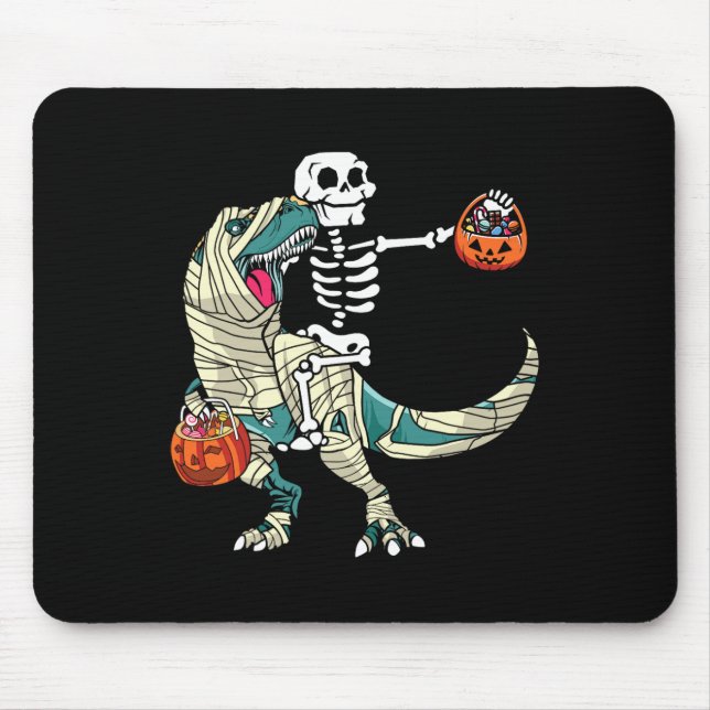 Tapis De Souris Skeleton Riding Mummy Dinosaur T Rex Halloween Fun (Devant)