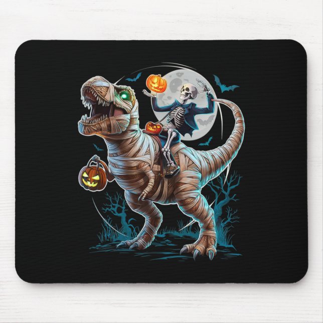 Tapis De Souris Skeleton Riding Mummy Pumpkin T Rex Dinosaur Funny (Devant)