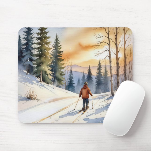 Tapis De Souris Ski De Fond En Bois D'Hiver (Avec souris)