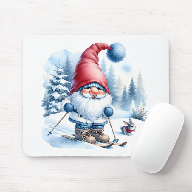 Tapis De Souris Ski Gnome d'hiver avec un lapin (Avec souris)