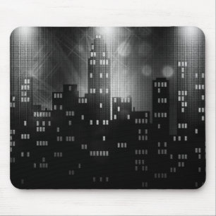 Tapis De Souris Skyline de ville rétro noir et blanc