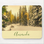Tapis De Souris Snow Covered Pine Trees Forest Nature Photo<br><div class="desc">A mouse pad with a beautiful nature photograph. An isolated winter path with tall snow covered pine trees. 
A golden twilight hue creates a magical feel to this photo.</div>