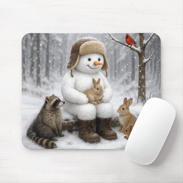 Tapis De Souris Snowman In Winter Woods With Animal Friends (Avec souris)
