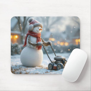 Tapis De Souris Snowman pousse une tondeuse rétro sur de l'herbe n